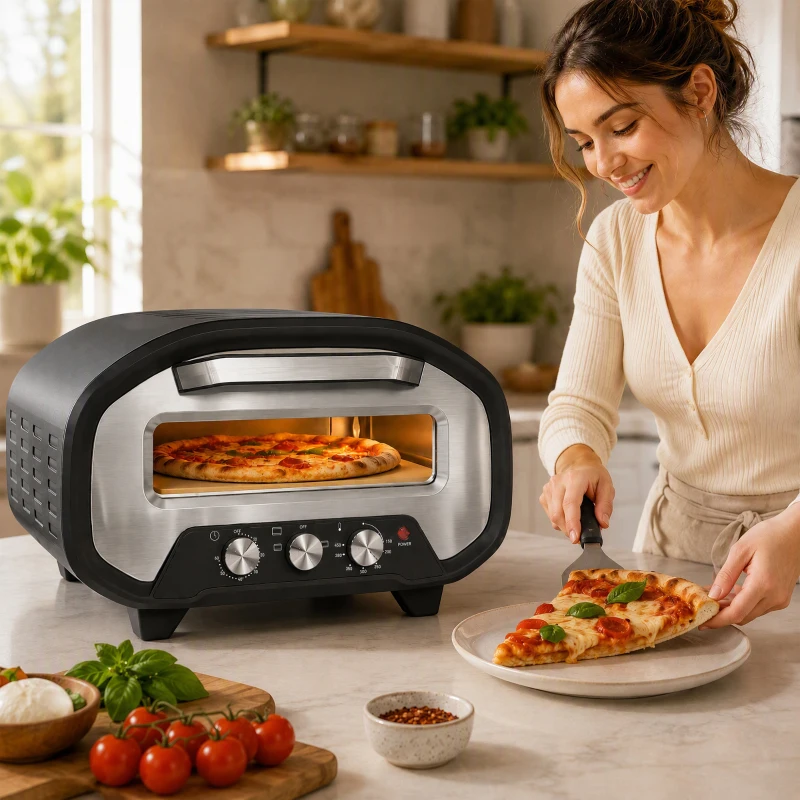 HOMCOM Four à Pizza Électrique d'Intérieur 2200 W jusqu'à 430°C, Pierre en Céramique Ø30,5 cm, Minuteur 60 min, Noir