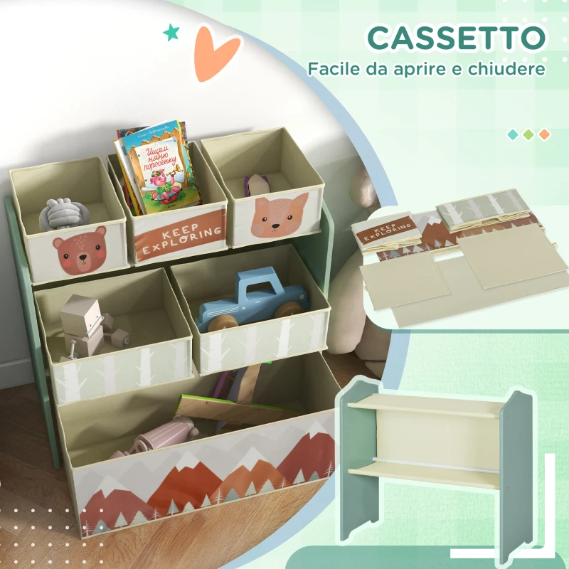 ZONEKIZ Scaffale Portagiochi per Bambini con 6 Contenitori Rimovibili in Tessuto, 63x30x66 cm, Verde