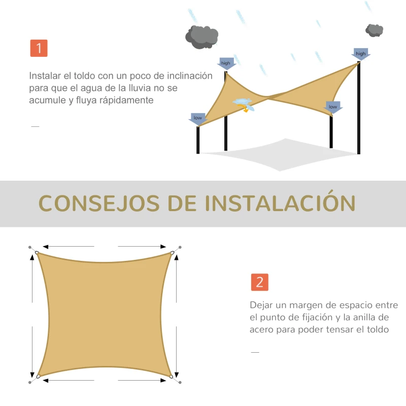 Outsunny Toldo Vela Cuadrado 3x3 m Vela de Sombra para Jardín Patio Terraza HDPE Anti UV y Transpirable Color Arena