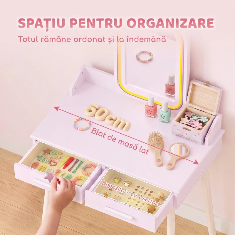 AIYAPLAY Măsuță de Toaletă pentru Copii 3-8 Ani, cu Taburet, Oglindă, Roz