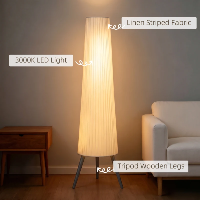 HOMCOM Dimmable Tripod Floor Lamp with Foot Switch, Nordic Standing Lamp with Fabric Shade, 153cm, White and Grey