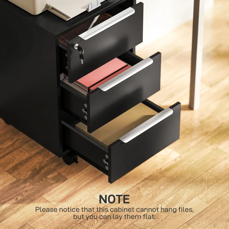 HOMCOM Caisson de bureau à roulettes avec 3 tiroirs et serrure, meuble rangement bureau sur roulettes, 40 x 40 x 63,5 cm, noir