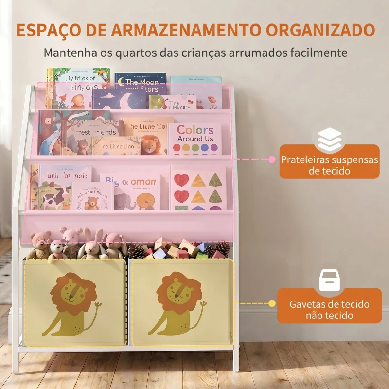 AIYAPLAY Estante Infantil para Livros 4 Níveis com 3 Prateleiras e 2 Gavetas em Tecido, Design Leão, Branco