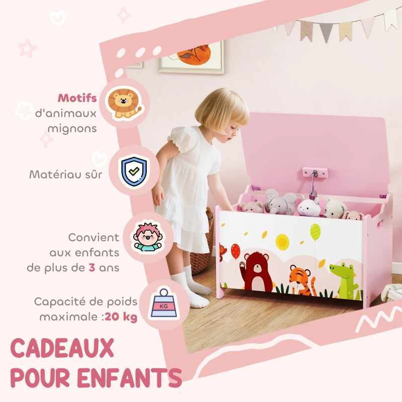 AIYAPLAY Coffre à jouet enfant coffre de rangement enfant couvercle rabattable motif animal 60 x 37 x 39 cm rose