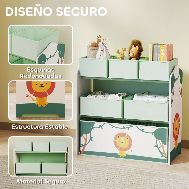 AIYAPLAY Estantería Infantil para Juguetes de 3 Niveles con 6 Cajas Extraíbles de Tela no Tejida para Guardería 63x30x66 cm Verde