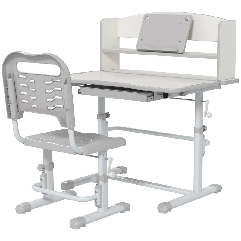 ZONEKIZ Pupitre Infantil Altura Ajustable con 1 Cajón 1 Estante y Ángulo de Mesa Ajustable 80x54,5x82-104 cm Gris y Blanco