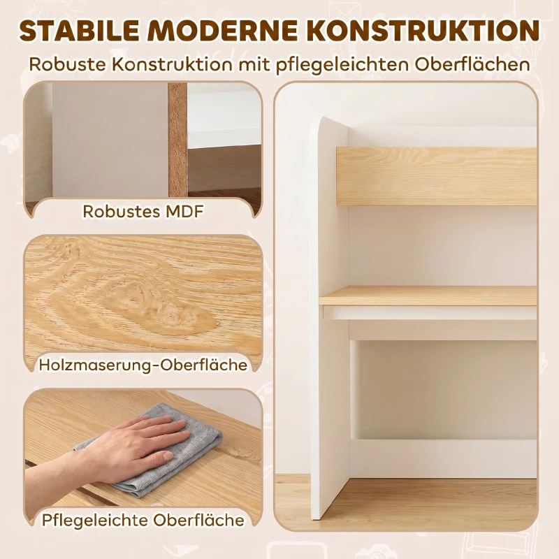 AIYAPLAY Kindertisch mit Sitzbank 5-in-1 Kindersitzgruppe mit Bücherregal, rollbar Kindertruhenbank mit Aufbewahrungsbox für 3-8