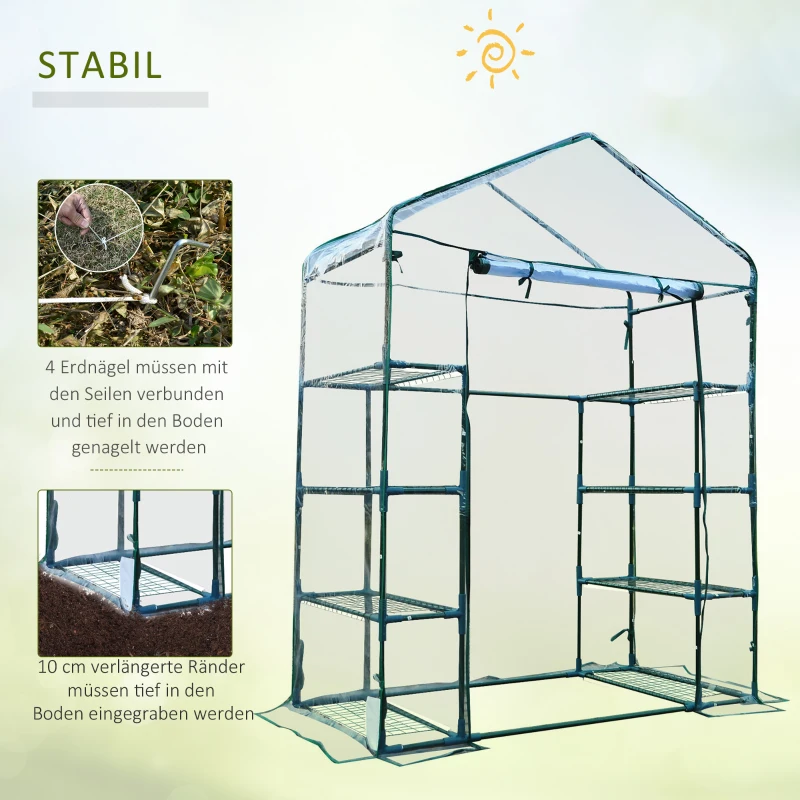 Outsunny Rechteckiges Garten- und Terrassengewächshaus 143x73x195cm, Transparente PVC-Platte und 8 Einlegeböden, aufklappbare Rolltür