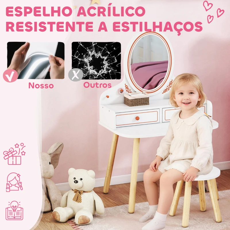 AIYAPLAY Toucador Infantil de Maquilhagem com Banqueta e Espelho 2 Gavetas e Barras para Pendurar dos 3 aos 8 Anos, Branco