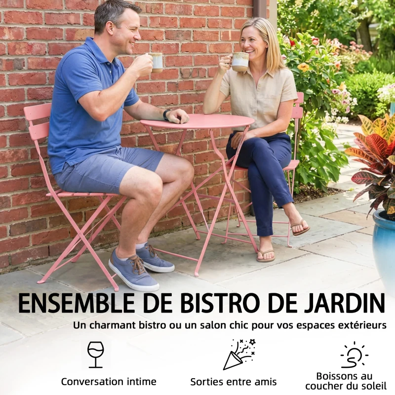 Outsunny Ensemble Bistrot de Jardin 3 Pièces Table et 2 Chaises Pliantes à Lattes Double Protection Antirouille Rose