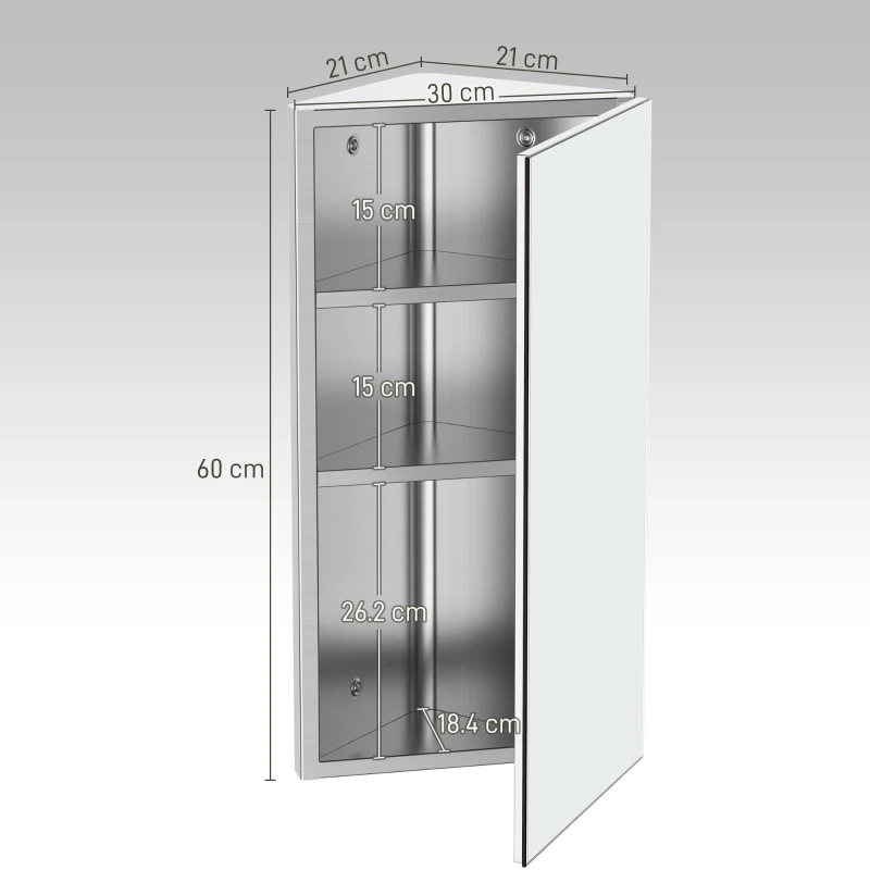 HOMCOM Stainless Steel Wall mounted Bathroom Corner Mirror Storage Cabinet Single Door 300mm (W)