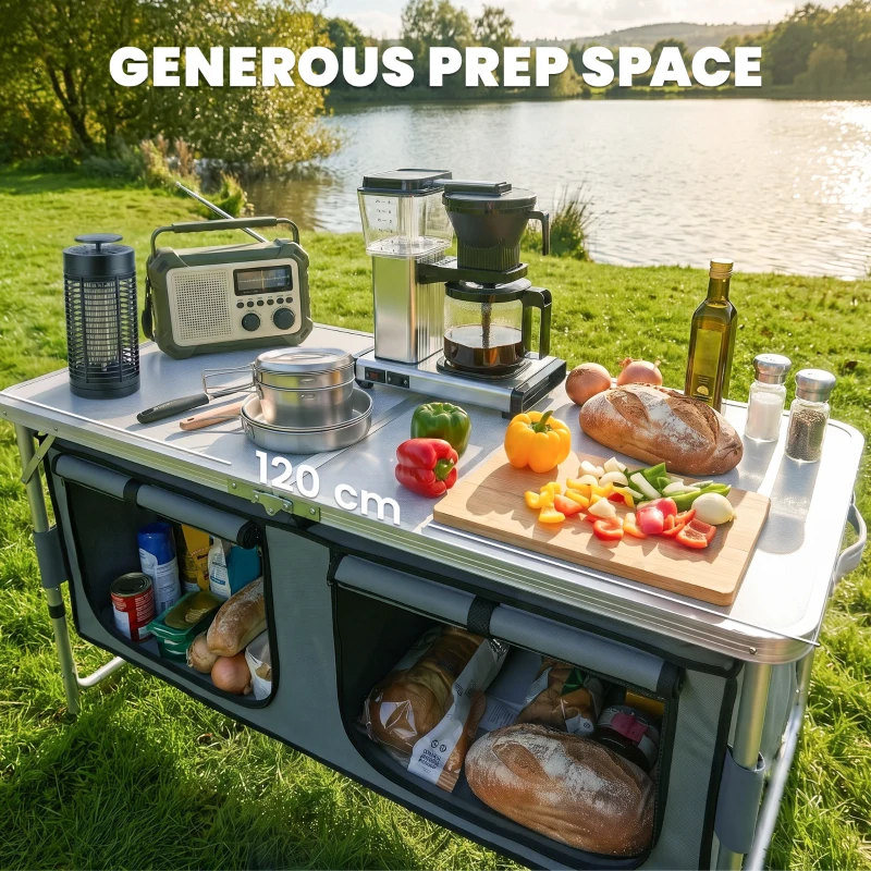 Outsunny 4ft Folding Camping Cupboard Kitchen, Height Adjustable Aluminium Camping Table with Storage, Lightweight Picnic Table for Outdoor Garden BBQ Party
