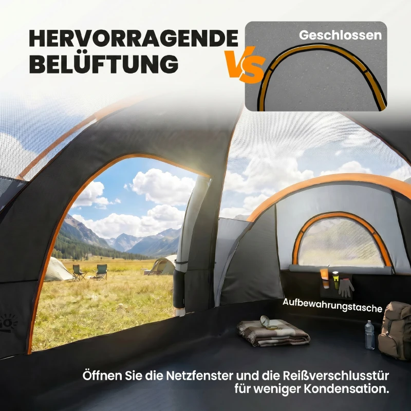 Outsunny Campingzelt für 5 Personen, Familienzelt, Tragetasche, 4,55x2,2x1,8m, Hellgrau/Schwarz