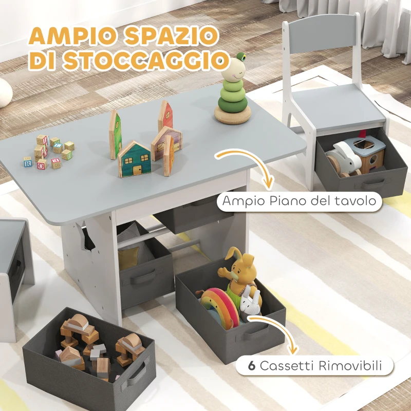 AIYAPLAY Set Tavolo e Sedie per Bambini 3-8 Anni con 6 Cassetti e Bordi Arrotondati, in Legno e Tessuto, Grigio e Bianco