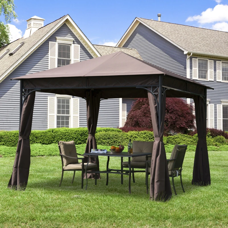 Outsunny 3 x 3(m) Garden Gazebo, Outdoor Gazebo Canopy Shelter with Curtains and Steel Frame for Lawn, Yard and Deck, Coffee