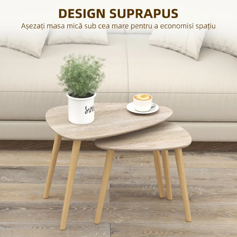HOMCOM Set 2 măsuțe de living suprapozabile în stil nordic cu picioare din lemn, culoare lemn