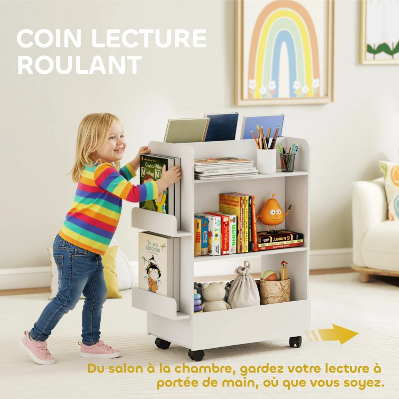 AIYAPLAY Bibliothèque pour enfant avec roulettes, rangement livre enfant de 3 à 8 ans avec tableau noir, 66,5x32,5x86,5cm, blanc