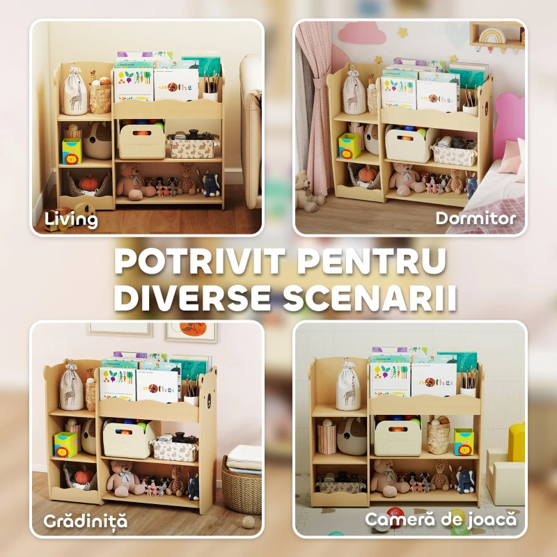 AIYAPLAY Raft pentru Jucării pentru Copii de 3-8 Ani cu Rafturi Deschise și Compartimente, din Lemn, 92x29x79 cm, culoare Lemn