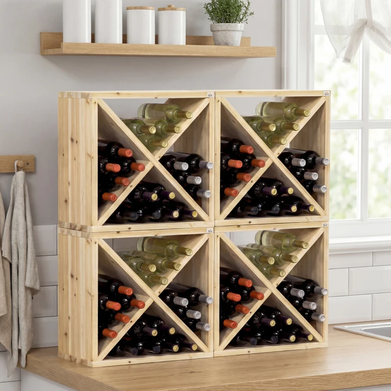 HOMCOM 24 Bottles Wine Rack, Solid Wood Wine Holder Stand, Natural Wood Finish