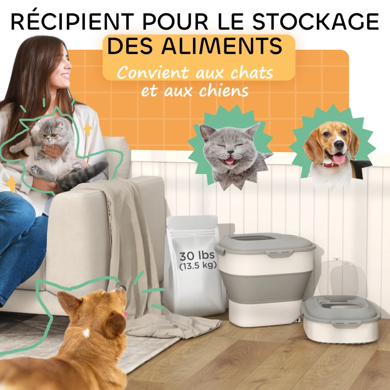 PawHut Conteneur à croquettes pour chien pliable 25L rangement hermétique couvercles hermétiques roulettes 44 x 32 x 37 cm gris