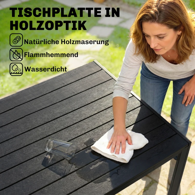 Outsunny Gartentisch Kunststoff 190 x 84,5 x 72 cm UV- & Wetterfest Balkontisch mit Holzoptik, Holzstrukur, rutschfest Buffettisch für 6 Personen Outdoor Esstisch für Garten, Balkon Schwarz