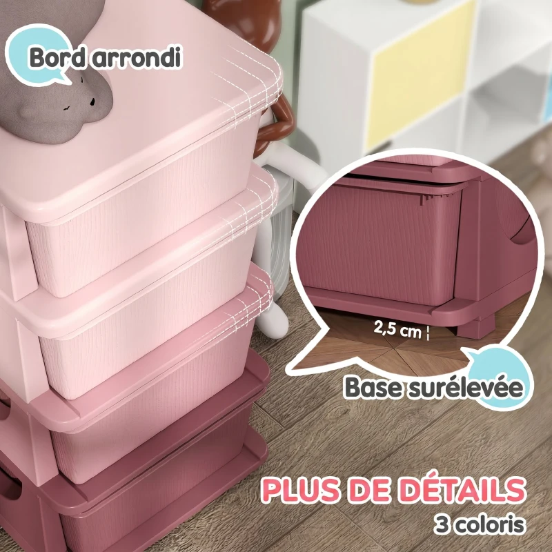 HOMCOM Organisateur de jouets pour enfants avec 4 tiroirs à 4 niveaux, boîtes de rangement en plastique, 37 x 37 x 76 cm, rose