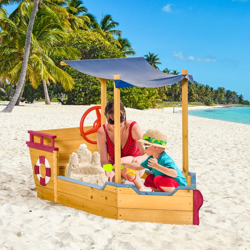 Outsunny Bac à Sable Bateau de Pirate en Bois - Voile d'ombrage, Coffre Rangement, gouvernail - Bois Sapin pré-huilé 160x70x103cm