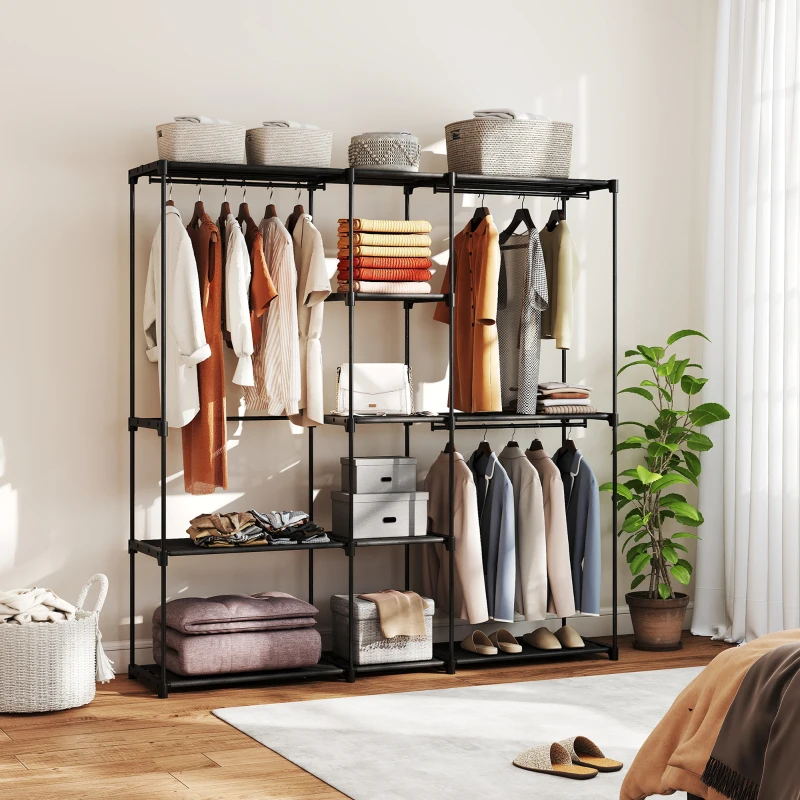 HOMCOM Portable Wardrobe, Open Clothes Wardrobe with 8 Shelves, 3 Hanging Rails, Black