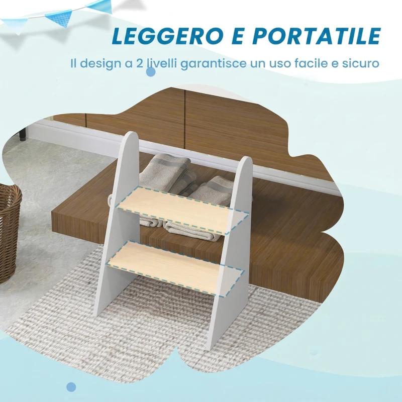 AIYAPLAY Sgabello Montessori per Bambini a 2 Gradini, Scaletta per Bambini 3-8 Anni con Bordi Arrotondati, Bianco