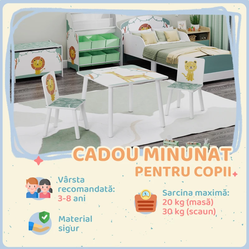 AIYAPLAY Set Mobilier Cameră Copii cu Masă și 2 Scaune pentru Copii de 3-8 Ani cu Model Animale, Verde