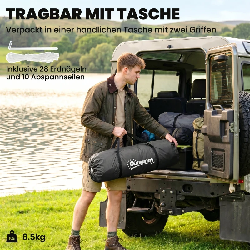Outsunny Tunnelzelt, 2000mm Wasserabweisend Campingzelt für 4 Personen, mit 2 Schlafzimmern Wohnbereich Tragetasche Grau+Orange