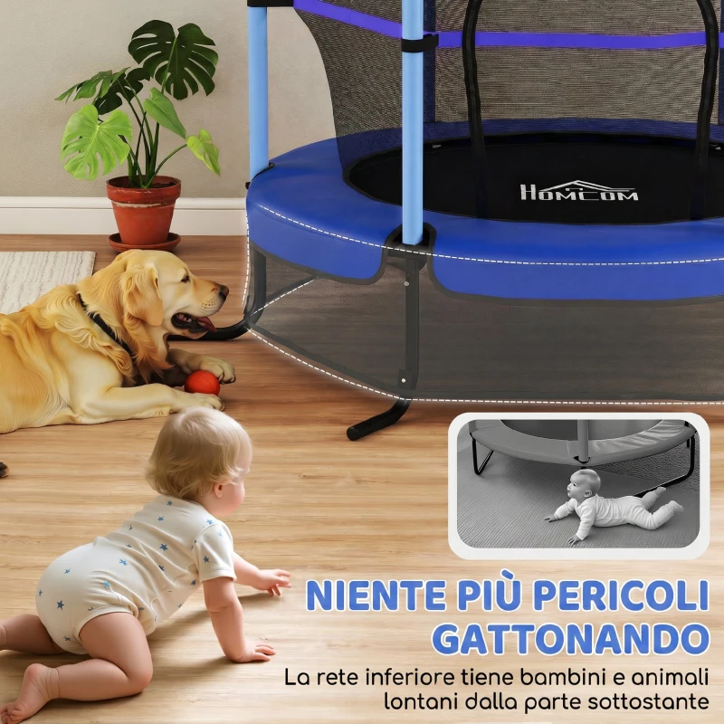 HOMCOM Trampolino Elastico per Bambini Ø1.6x1.9 m con Rete di Sicurezza e Pali Imbottiti, Età 3-10 Anni, Blu