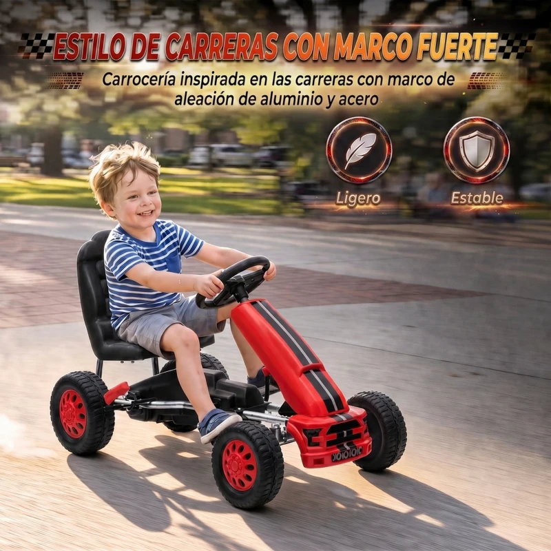 AIYAPLAY Go Kart para Niños de +3 Años con Asiento Ajustable Volante Freno Manual Marco de Aluminio y Acero Carga 30 kg Rojo