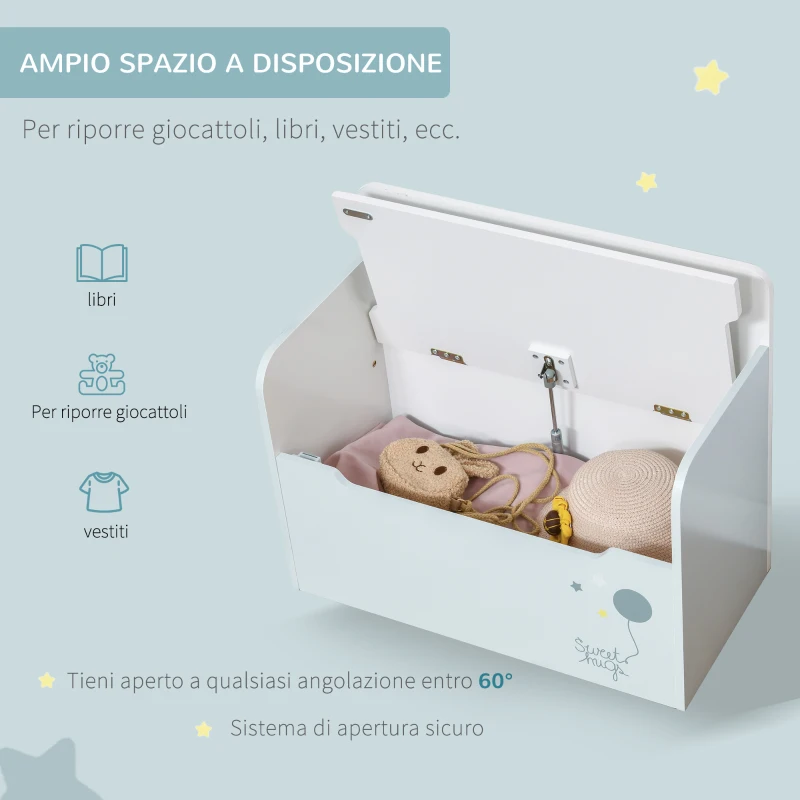 HOMCOM Panca Contenitore con Schienale in Legno per Bambini da 3-6 Anni, 60x30x50 cm, Azzurro