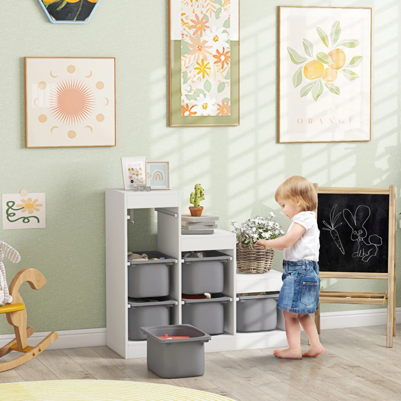 AIYAPLAY Meuble de rangement pour jouets des enfants avec 6 bacs amovibles, 3 niveaux de rangement, 96 x 38,5 x 90, gris