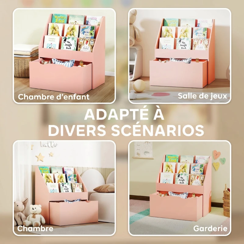AIYAPLAY Bibliothèque pour enfants Multi-Rangement avec 3 niveaux d'étagères et un tiroir, 62,5L x 30l x 70H cm, rose