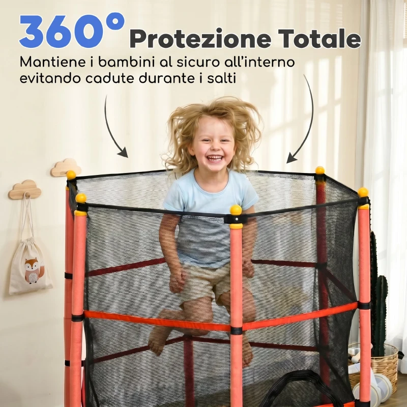 HOMCOM Trampolino Elastico per Bambini Ø1.6x1.9 m con Rete di Sicurezza e Pali Imbottiti, Età 3-10 Anni, Rosso