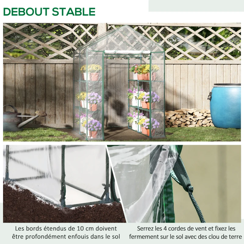 Outsunny Serre de jardin avec étagères 3 niveaux, serre de balcon, châssis en acier, porte zippée enroulable, pour légumes plantes fleurs, intérieur et extérieur, 143x143x195cm, transparent