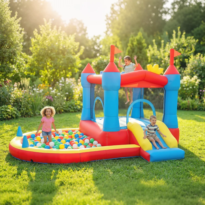 AIYAPLAY Château gonflable avec souffleur, aire de jeux gonflable avec toboggans, trampoline, piscine à balles, multicolore