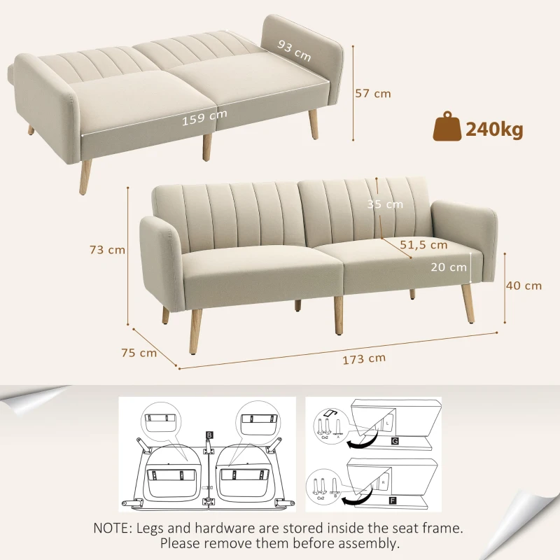 HOMCOM Sofá-cama de 2 Lugares em Linho Sintético com Encosto Ajustável e Braços Desmontáveis 173x75x73 cm Bege