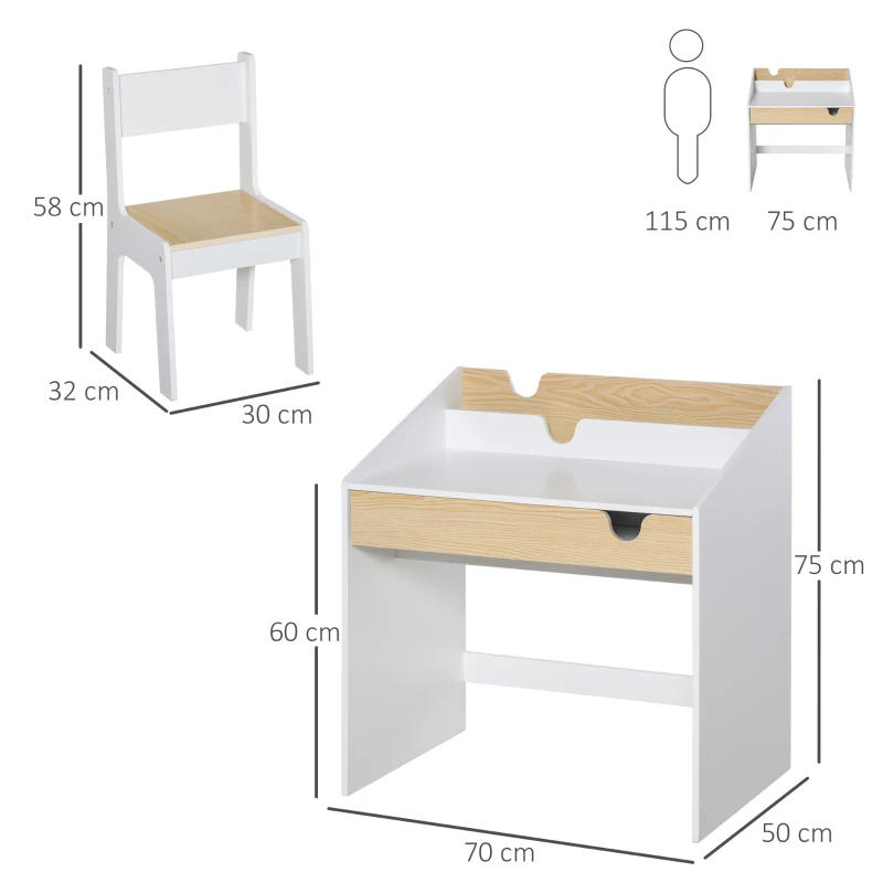 HOMCOM Set Birou și Scaun pentru Copii cu Sertar și Raft, Margini Rotunjite, Vârsta 6-10 Ani, Alb și Lemn