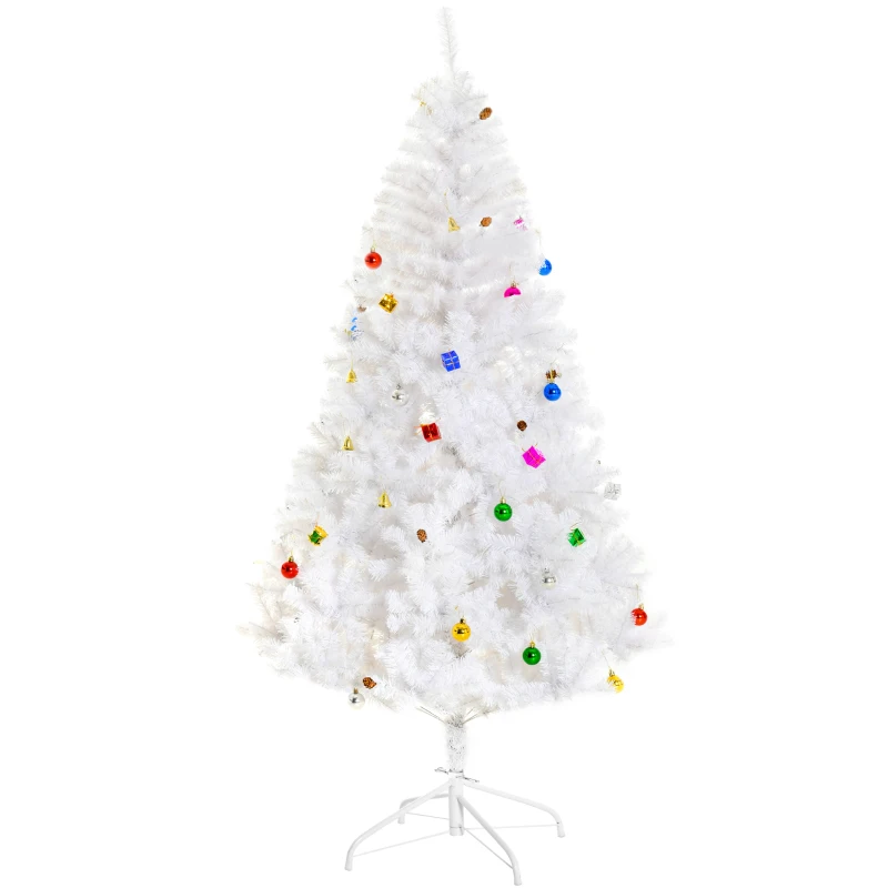 HOMCOM Albero di Natale Bianco 180cm con Addobbi e 930 Rami, Albero di Natale Innevato Artificiale in PVC