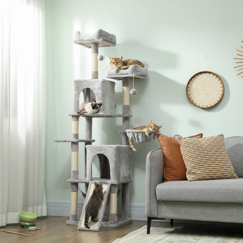 PawHut Arbre à chat tour de jeux pour chat 3 platesformes 2 niches 2 lits 2 hamacs 1 échelle hauteur 177 cm gris clair