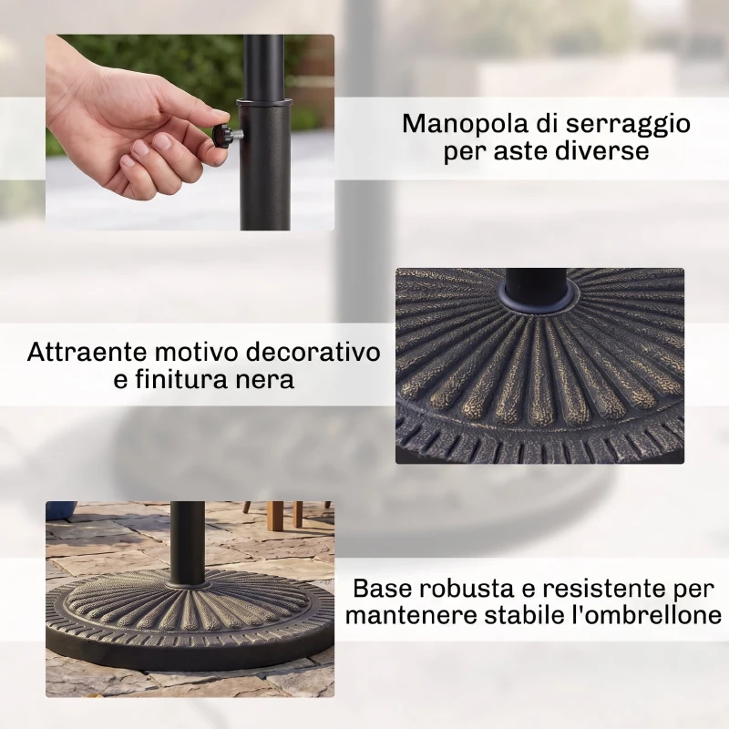 Outsunny Base Ombrellone Rotonda per Pali da Ø3,8-4,8cm con Decorazione e Manopola, Peso 15kg Ø49x32cm