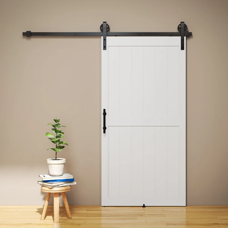 HOMCOM 213.4cm Sliding Barn Door Kit, Sliding Door with Track, Hardware, Upgraded Rollers and Floor Guide, Handle, White