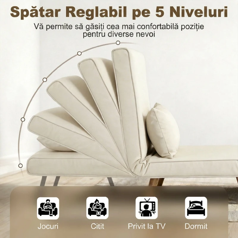 HOMCOM Fotoliu Pat 3 în 1, Reclinabil în 5 Trepte, Material Tip In, cu Pernă, Crem