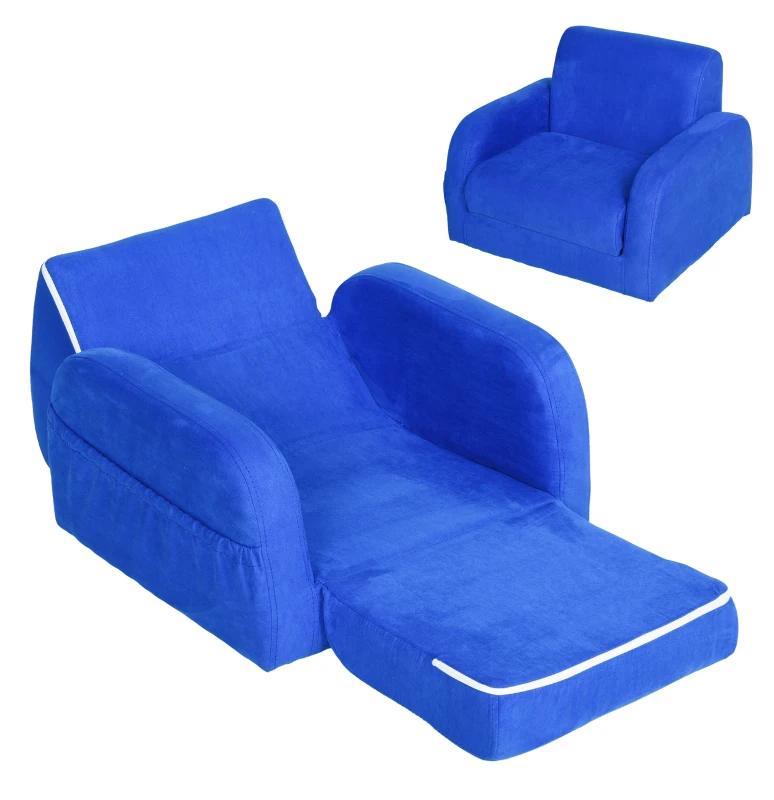 HOMCOM 2 In 1 Kids Armchair Sofa Bed Fold Out Padded Wood Frame Bedroom Blue