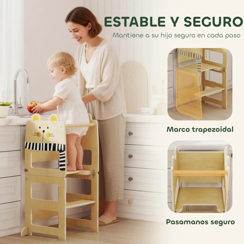 AIYAPLAY Torre de Aprendizaje 3 en 1 Plegable Convertible en Escritorio y Silla con Pizarra Dibujos de Gatos Natural