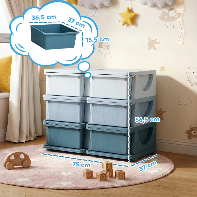 HOMCOM Organisateur de jouets pour enfants à 3 niveaux avec 6 tiroirs, boîtes de rangement en plastique, 75x37x56,5cm, bleu