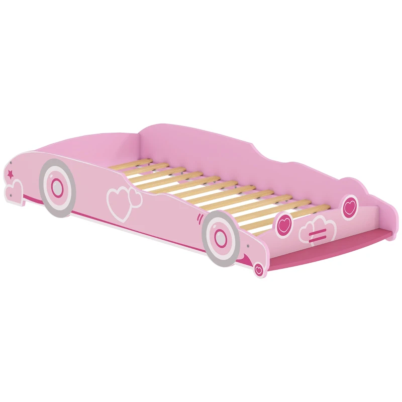 AIYAPLAY Cama Infantil 70x140 cm em Forma de Carro com Barreira de Proteção e Estrado para Crianças de 3-5 Anos Rosa